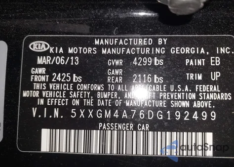 2013 Kia Optima Lx z USA, uszkodzony, nr VIN 5XXGM4A76DG192499